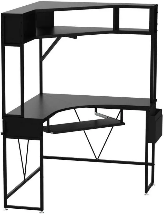 Alt view image 4 of 7 - SEDETA Corner Desk, Small Computer Desk with Hutch & LED Lights, Triangle Corner Gaming Computer Desk with Keyboard Tray, Storage Bag, and Headphone Hook for Small Space, Home Office Desk, Black