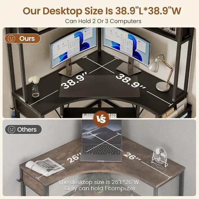 Alt view image 7 of 7 - SEDETA Corner Desk, Small Computer Desk with Hutch & LED Lights, Triangle Corner Gaming Computer Desk with Keyboard Tray, Storage Bag, and Headphone Hook for Small Space, Home Office Desk, Black