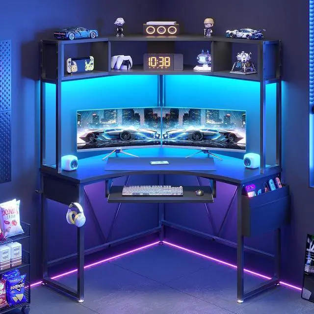 Alt view image 3 of 7 - SEDETA Corner Desk, Small Computer Desk with Hutch & LED Lights, Triangle Corner Gaming Computer Desk with Keyboard Tray, Storage Bag, and Headphone Hook for Small Space, Home Office Desk, Black