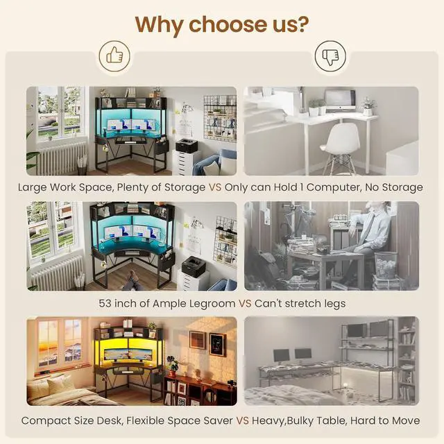 Alt view image 5 of 7 - SEDETA Corner Desk, Small Computer Desk with Hutch & LED Lights, Triangle Corner Gaming Computer Desk with Keyboard Tray, Storage Bag, and Headphone Hook for Small Space, Home Office Desk, Black