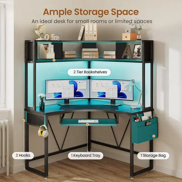 Alt view image 6 of 7 - SEDETA Corner Desk, Small Computer Desk with Hutch & LED Lights, Triangle Corner Gaming Computer Desk with Keyboard Tray, Storage Bag, and Headphone Hook for Small Space, Home Office Desk, Black