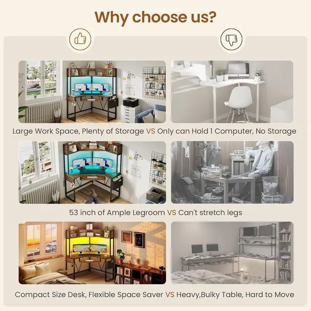 Alt view image 3 of 7 - SEDETA Corner Desk, Small Computer Desk with Hutch & LED Lights, Triangle Corner Computer Desk with Keyboard Tray, Storage Bag, and Headphone Hook for Small Space, Home Office Desk, Rustic Brown