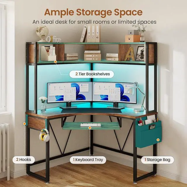 Alt view image 5 of 7 - SEDETA Corner Desk, Small Computer Desk with Hutch & LED Lights, Triangle Corner Computer Desk with Keyboard Tray, Storage Bag, and Headphone Hook for Small Space, Home Office Desk, Rustic Brown