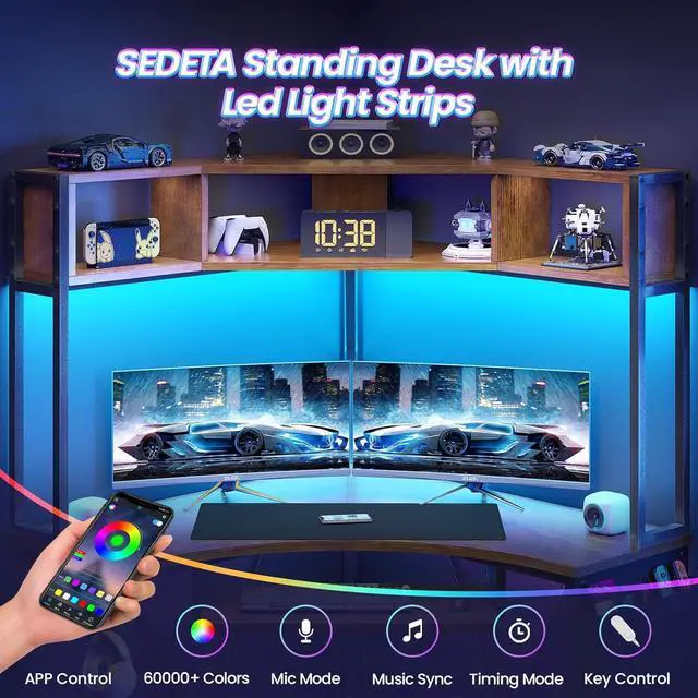 Alt view image 6 of 7 - SEDETA Corner Desk, Small Computer Desk with Hutch & LED Lights, Triangle Corner Computer Desk with Keyboard Tray, Storage Bag, and Headphone Hook for Small Space, Home Office Desk, Rustic Brown