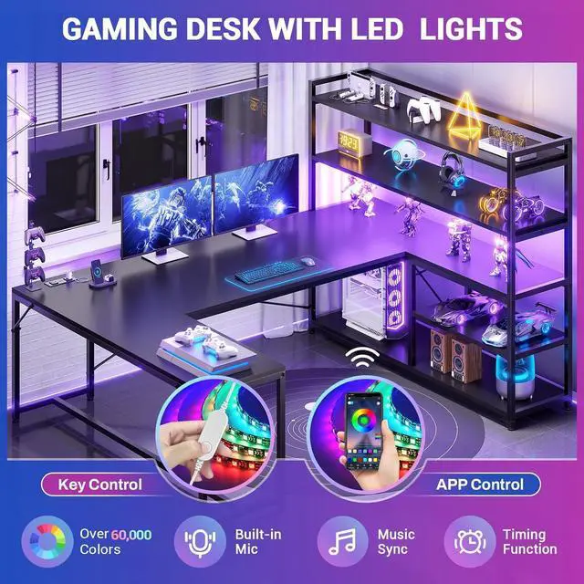 Alt view image 4 of 7 - SEDETA L Shaped Gaming Desk, 63'' Reversible Computer Desk with Power Outlet and Storage Shelves, Corner Gaming Desk with LED Lights, Bookshelf for Home Office, Black