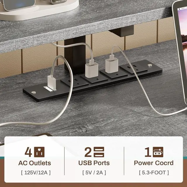 Alt view image 7 of 7 - SEDETA Home Office Desk with File Drawer & Power Outlet, 66'' Computer Desk with 5 Drawer, Storage Shelves, Printer Cabinet and Monitor Shelf, Gaming Desk with Led Lights, Grey