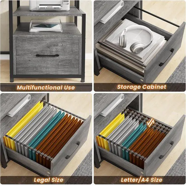 Alt view image 6 of 7 - SEDETA Home Office Desk with File Drawer & Power Outlet, 66'' Computer Desk with 5 Drawer, Storage Shelves, Printer Cabinet and Monitor Shelf, Gaming Desk with Led Lights, Grey