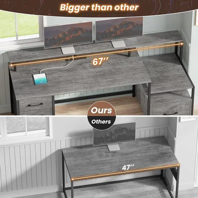 Alt view image 5 of 7 - SEDETA Home Office Desk with File Drawer & Power Outlet, 66'' Computer Desk with 5 Drawer, Storage Shelves, Printer Cabinet and Monitor Shelf, Gaming Desk with Led Lights, Grey