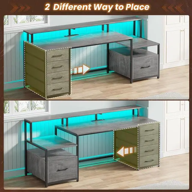 Alt view image 4 of 7 - SEDETA Home Office Desk with File Drawer & Power Outlet, 66'' Computer Desk with 5 Drawer, Storage Shelves, Printer Cabinet and Monitor Shelf, Gaming Desk with Led Lights, Grey