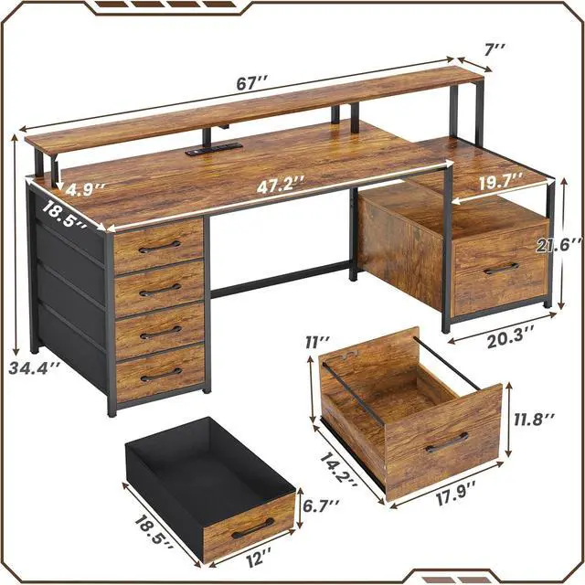 Alt view image 2 of 7 - SEDETA Home Office Desk with File Drawer & Power Outlet, 66'' Computer Desk with 5 Drawer, Storage Shelves, Printer Cabinet and Monitor Shelf, Gaming Desk with Led Lights, Rustic Brown