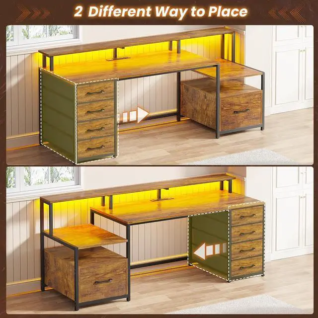 Alt view image 5 of 7 - SEDETA Home Office Desk with File Drawer & Power Outlet, 66'' Computer Desk with 5 Drawer, Storage Shelves, Printer Cabinet and Monitor Shelf, Gaming Desk with Led Lights, Rustic Brown