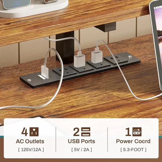 Alt view image 7 of 7 - SEDETA Home Office Desk with File Drawer & Power Outlet, 66'' Computer Desk with 5 Drawer, Storage Shelves, Printer Cabinet and Monitor Shelf, Gaming Desk with Led Lights, Rustic Brown