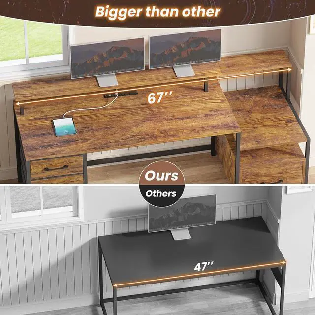 Alt view image 4 of 7 - SEDETA Home Office Desk with File Drawer & Power Outlet, 66'' Computer Desk with 5 Drawer, Storage Shelves, Printer Cabinet and Monitor Shelf, Gaming Desk with Led Lights, Rustic Brown