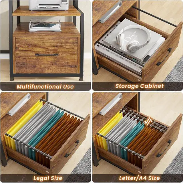 Alt view image 6 of 7 - SEDETA Home Office Desk with File Drawer & Power Outlet, 66'' Computer Desk with 5 Drawer, Storage Shelves, Printer Cabinet and Monitor Shelf, Gaming Desk with Led Lights, Rustic Brown