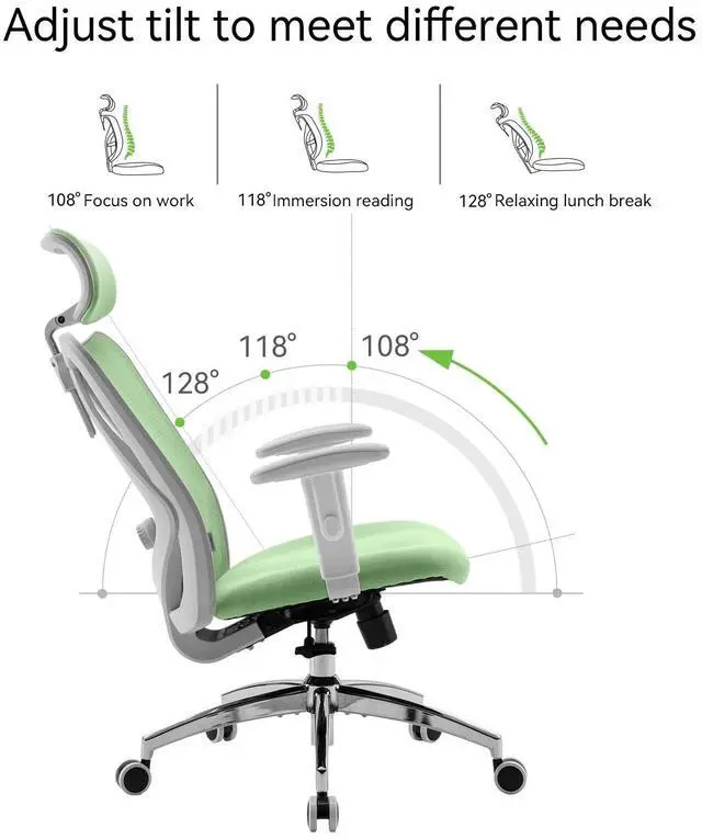 Alt view image 7 of 7 - SIHOO Ergonomic Office Chair, Mesh Computer Desk Chair with Adjustable Lumbar Support, High Back chair for Big and Tall, White and Green