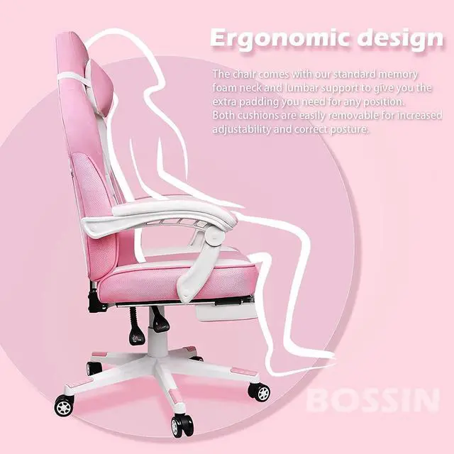 Alt view image 3 of 7 - Bossin Gaming Chairs with Footrest, Massage Leather Game Chair for Adults, Big and Tall Gamer Chair with Headrest and Lumbar Support Pink