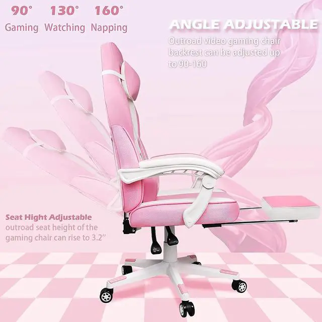 Alt view image 4 of 7 - Bossin Gaming Chairs with Footrest, Massage Leather Game Chair for Adults, Big and Tall Gamer Chair with Headrest and Lumbar Support Pink