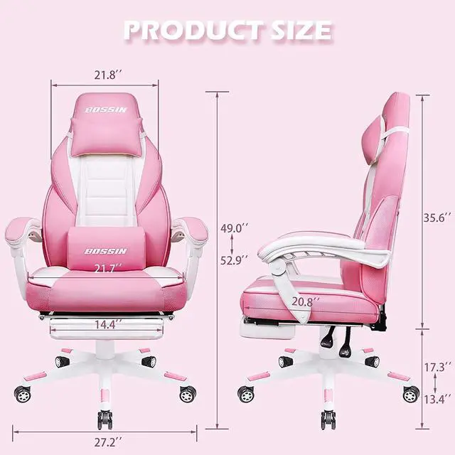 Alt view image 6 of 7 - Bossin Gaming Chairs with Footrest, Massage Leather Game Chair for Adults, Big and Tall Gamer Chair with Headrest and Lumbar Support Pink