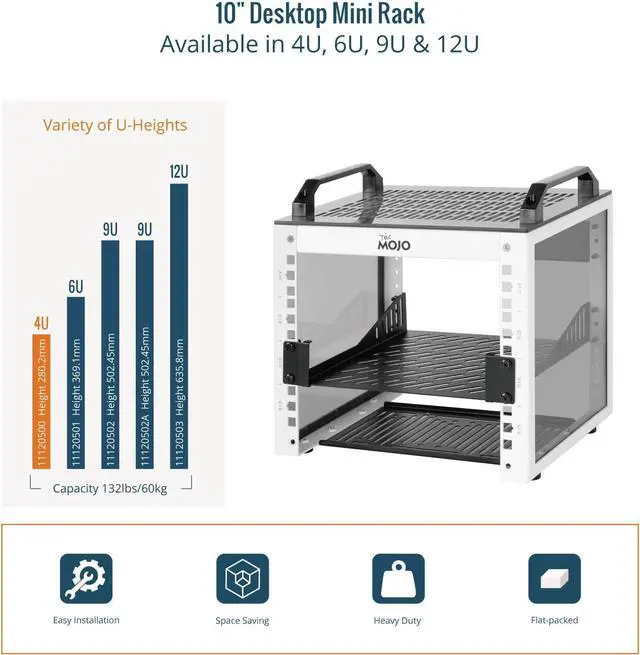 Alt view image 6 of 6 - Tecmojo 4U Network Rack, 10 inch Mini Server Rack with 2 Side Translucent Panels & 2 Top Handles, 7.87 inch Deep, for 10 inch IT Equipment & A/V Devices, White