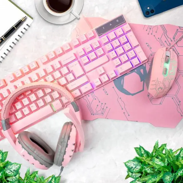 Alt view image 2 of 7 - Pink Gaming keyboard and mouse headset headphones and mouse pad, wired LED RGB Backlight Bundle Pink PC accessories for gamers and Xbox and PS4 PS5 Nintendo switch Users - 4in1 edition Hornet RX-250