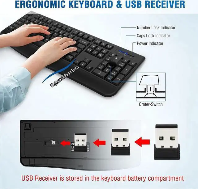 Alt view image 6 of 7 - Wireless Keyboard and Mouse Combo, Full-Sized 2.4GHz Wireless Keyboard with Comfortable Palm Rest and Optical Wireless Mouse for Windows, Mac OS PC/Desktops/Computer/Laptops (Black)