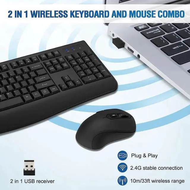 Alt view image 2 of 7 - Wireless Keyboard and Mouse Combo, Full-Sized 2.4GHz Wireless Keyboard with Comfortable Palm Rest and Optical Wireless Mouse for Windows, Mac OS PC/Desktops/Computer/Laptops (Black)