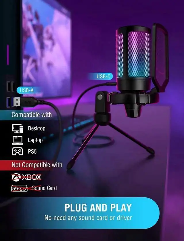 Alt view image 3 of 7 - FIFINE Gaming USB Microphone for PC PS5, Condenser Mic with Quick Mute, RGB Indicator, Tripod Stand, Pop Filter, Shock Mount, Gain Control for Streaming Discord Twitch Podcasts Videos- AmpliGame