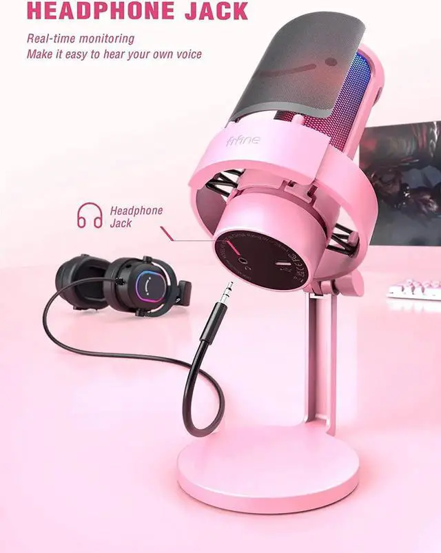 Alt view image 4 of 7 - FIFINE USB Streaming Gaming Microphone, PC Condenser Desktop Mic for Video, Home use, YouTube, with RGB Control, Gain Knob, 3.5mm Headphone Jack, Shock Mount, on Computer/PS4/PS5-AmpliGame A8 Pink