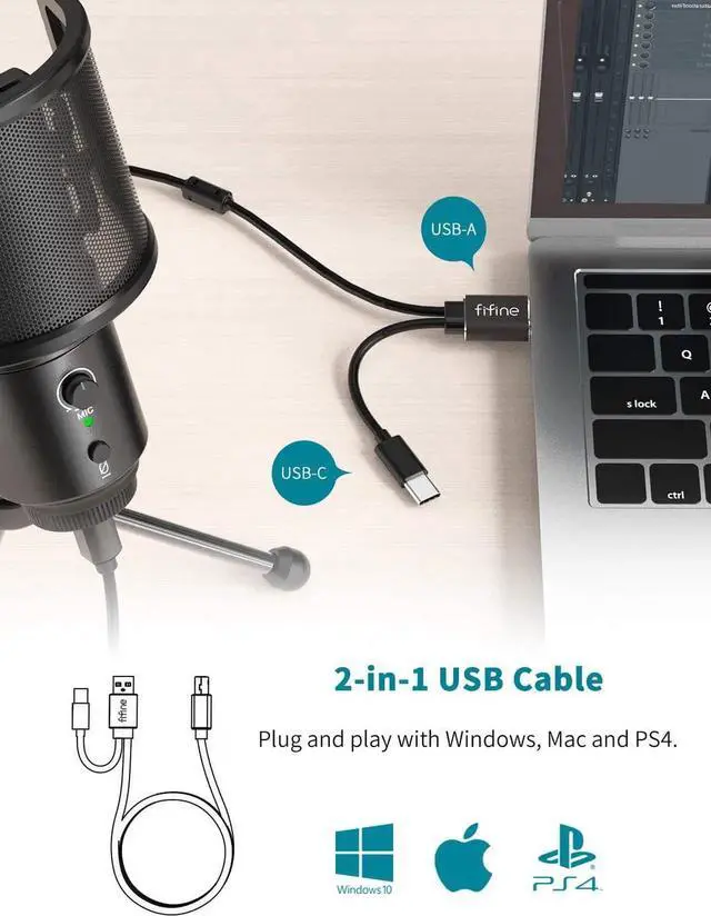 Alt view image 4 of 7 - FIFINE USB Desktop PC Microphone with Pop Filter for Computer and Mac, Studio Condenser Mic with Gain Control Mute Button Headphone Jack for Gaming Streaming Recording YouTube, Extra USB-C Plug -K683A