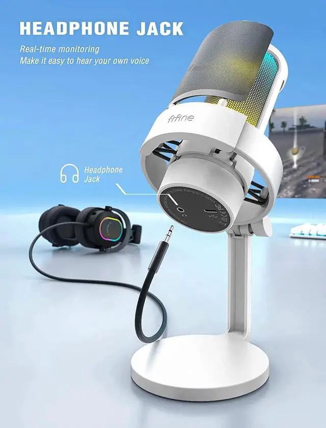 Alt view image 6 of 7 - FIFINE Gaming USB PC Computer RGB Microphone for Live Streaming, Meeting, Podcasting, Video, Condenser Mic with Monitoring Headphone Jack, Light Control, for MAC OS/Windows-AmpliGame A8 White