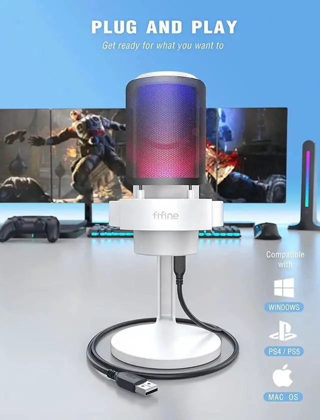 Alt view image 4 of 7 - FIFINE Gaming USB PC Computer RGB Microphone for Live Streaming, Meeting, Podcasting, Video, Condenser Mic with Monitoring Headphone Jack, Light Control, for MAC OS/Windows-AmpliGame A8 White