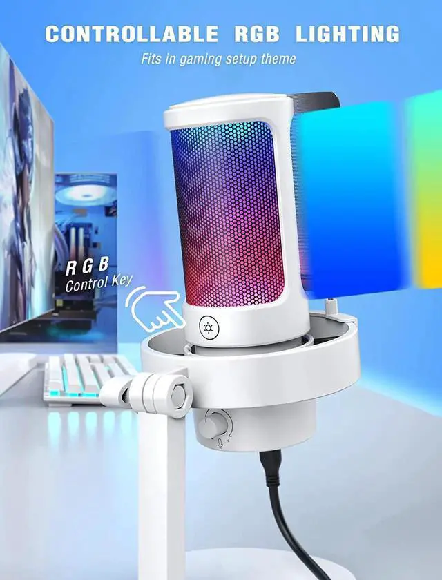 Alt view image 2 of 7 - FIFINE Gaming USB PC Computer RGB Microphone for Live Streaming, Meeting, Podcasting, Video, Condenser Mic with Monitoring Headphone Jack, Light Control, for MAC OS/Windows-AmpliGame A8 White
