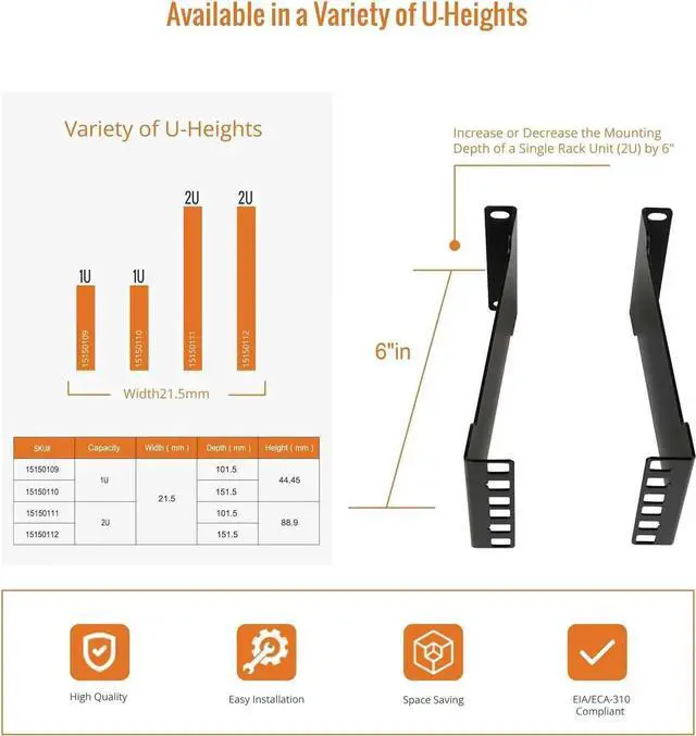 Alt view image 4 of 6 - Server Rack Depth Extender - 2U - 6inch / 15.24 cm - TAA Compliant - Recessed Rack Adapter - Rack Mount Adapter Kit - Network Rack Extender