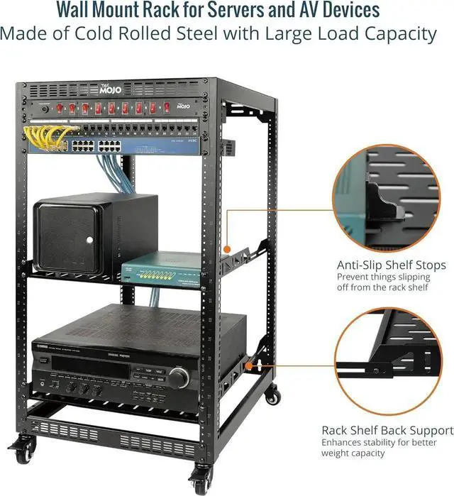 Alt view image 6 of 6 - 20U Open Frame Network Rack for Servers&AV Gear, Server Rack 4-Post with casters, Mobile Server Rack with 2 PCS 1U Server Rack Shelf & Mounting Hardware, AV Rack for 19" Network/Servers/Audio