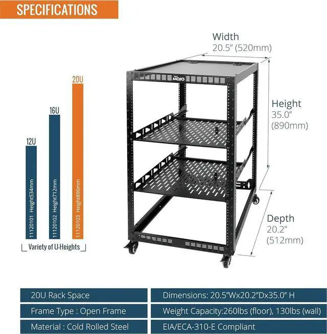 Alt view image 5 of 6 - 20U Open Frame Network Rack for Servers&AV Gear, Server Rack 4-Post with casters, Mobile Server Rack with 2 PCS 1U Server Rack Shelf & Mounting Hardware, AV Rack for 19" Network/Servers/Audio
