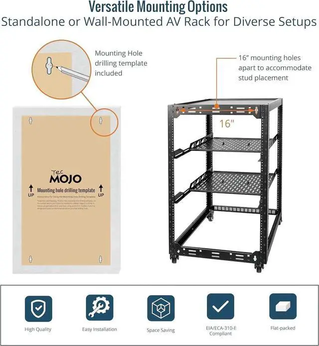 Alt view image 3 of 6 - 20U Open Frame Network Rack for Servers&AV Gear, Server Rack 4-Post with casters, Mobile Server Rack with 2 PCS 1U Server Rack Shelf & Mounting Hardware, AV Rack for 19" Network/Servers/Audio