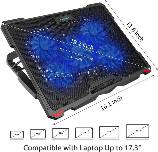 Alt view image 3 of 7 - AICHESON Laptop Cooling Pad 5 Fans Up to 17.3 Inch Heavy Notebook Cooler, Blue LED Lights, 2 USB Ports, S035, Blue-5fans