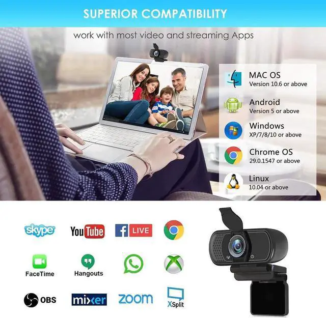 Alt view image 6 of 7 - Full HD 1080P Webcam with Privacy Shutter and Tripod, Pro Streaming Web Camera with Microphone, Widescreen USB Computer Camera for Laptop Desktop