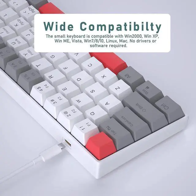 Alt view image 5 of 7 - 60% Mechanical Gaming Keyboard,Mixed Color Keycaps Gaming Keyboard with Red Switches, Detachable Type-C Cable Mini Keyboard with Blue LED Light for PC/Laptop