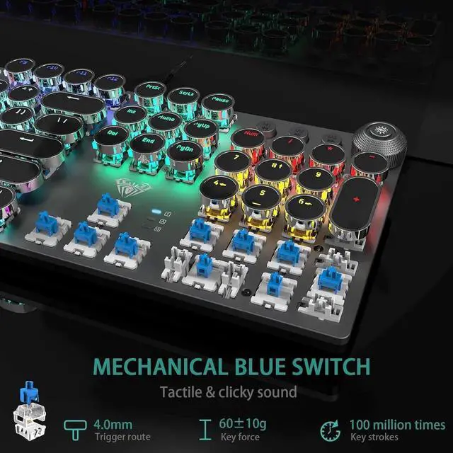 Alt view image 3 of 7 - AULA F2088 Typewriter Style Mechanical Gaming Keyboard Blue Switches,Rainbow LED Backlit,Removable Wrist Rest,Media Control Knob,Retro Punk Round Keycaps,USB Wired Computer Keyboard
