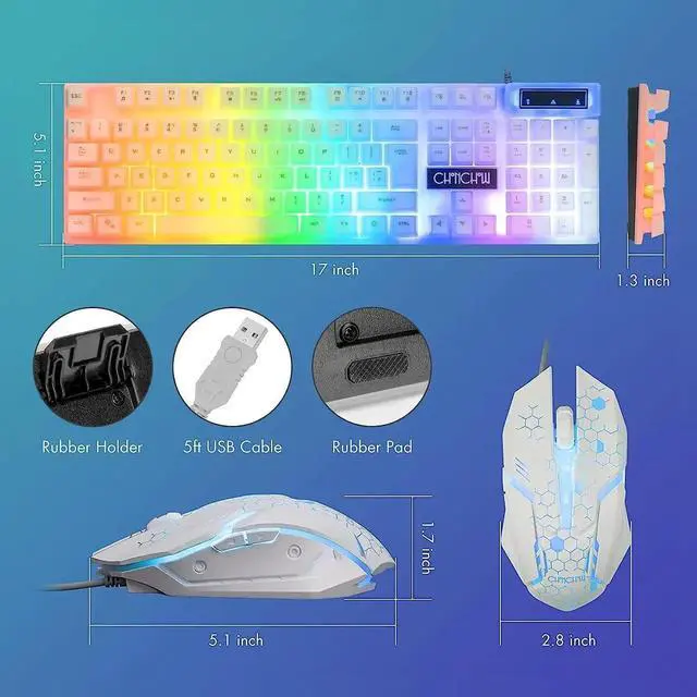 Alt view image 5 of 7 - CHONCHOW LED Keyboard and Mouse, 104 Keys Rainbow Backlit Keyboard and 7 Color RGB Mouse, White Gaming Keyboard and Mouse Combo for PC Laptop Xbox PS4 Gamers and Work