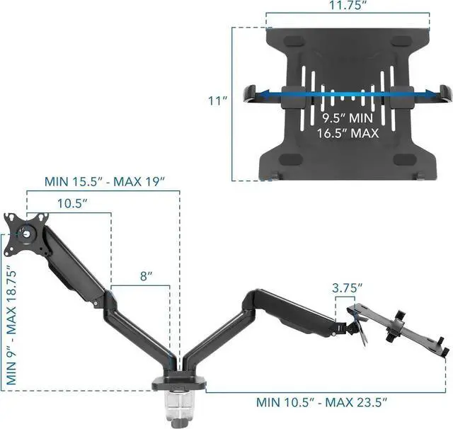 Alt view image 6 of 7 - Mount-It! Laptop and Monitor Desk Stand - Full Motion Laptop Arm Stand - Ergonomic Adjustable Monitor Mount - VESA Monitor Desk Mount with Laptop Tray