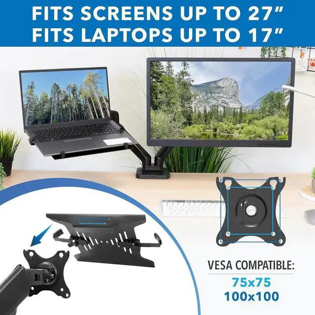 Alt view image 4 of 7 - Mount-It! Laptop and Monitor Desk Stand - Full Motion Laptop Arm Stand - Ergonomic Adjustable Monitor Mount - VESA Monitor Desk Mount with Laptop Tray