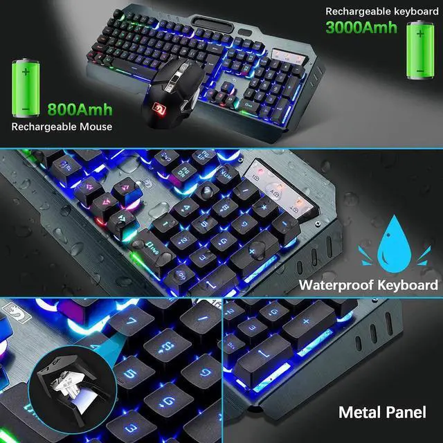 Alt view image 5 of 7 - Wireless Gaming Keyboard and Mouse Combo,3 in 1 Rainbow LED Rechargeable Keyboard Mouse with 3800mAh Battery Metal Panel,10 Colors RGB Gaming Mouse Pad (32.5x12x0.15 inch),7 Colors Mute Gaming Mouse