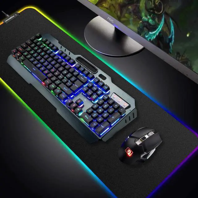 Alt view image 4 of 7 - Wireless Gaming Keyboard and Mouse Combo,3 in 1 Rainbow LED Rechargeable Keyboard Mouse with 3800mAh Battery Metal Panel,10 Colors RGB Gaming Mouse Pad (32.5x12x0.15 inch),7 Colors Mute Gaming Mouse