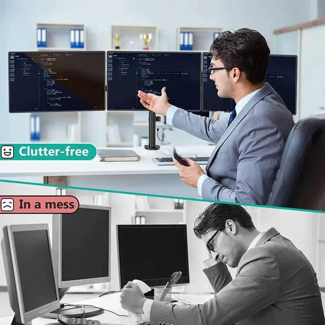 Alt view image 2 of 7 - WALI Triple Monitor Mount, Three Monitor Desk Mount Fits 13-27in Screens,Holds up to 22lbs, Multiple Monitor Stand with Tilt, Swivel, Rotation, VESA 75x75,100x100mm(M003S), Black