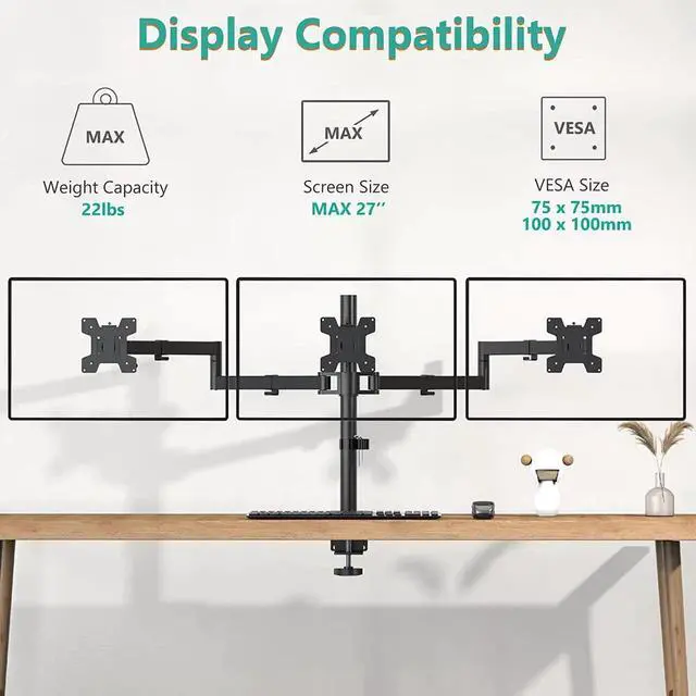 Alt view image 7 of 7 - WALI Triple Monitor Mount, Three Monitor Desk Mount Fits 13-27in Screens,Holds up to 22lbs, Multiple Monitor Stand with Tilt, Swivel, Rotation, VESA 75x75,100x100mm(M003S), Black