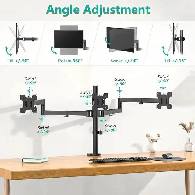 Alt view image 6 of 7 - WALI Triple Monitor Mount, Three Monitor Desk Mount Fits 13-27in Screens,Holds up to 22lbs, Multiple Monitor Stand with Tilt, Swivel, Rotation, VESA 75x75,100x100mm(M003S), Black