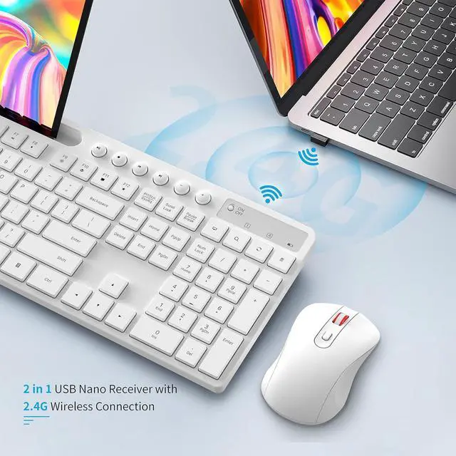 Alt view image 2 of 7 - Wireless Keyboard and Mouse Combo, MARVO 2.4G Ergonomic Wireless Computer Keyboard with Phone Tablet Holder, Silent Mouse with 6 Button, Compatible with MacBook, Windows (White)