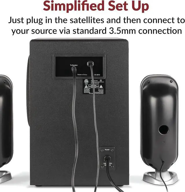 Alt view image 3 of 6 - Cyber Acoustics CA-3810 2.1 Multimedia Speaker System with Subwoofer, 80 Watts Peak Power, Strong Bass, Perfect for Music, Movies, and Games